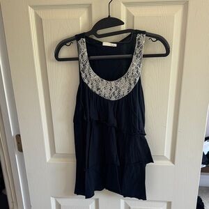 Lush Black Tank Top with White Lace Accent